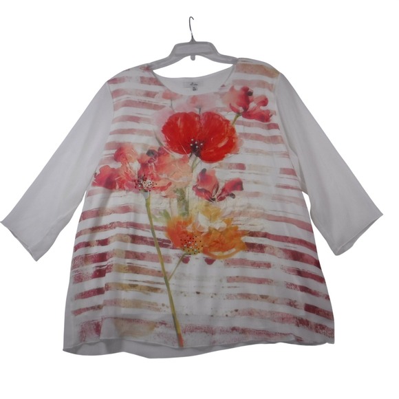 A~rtw Tops - A~rtw Women XL White Red Floral Poppy Stripe Rhinestone 3/4 Sleeve Blouse Top